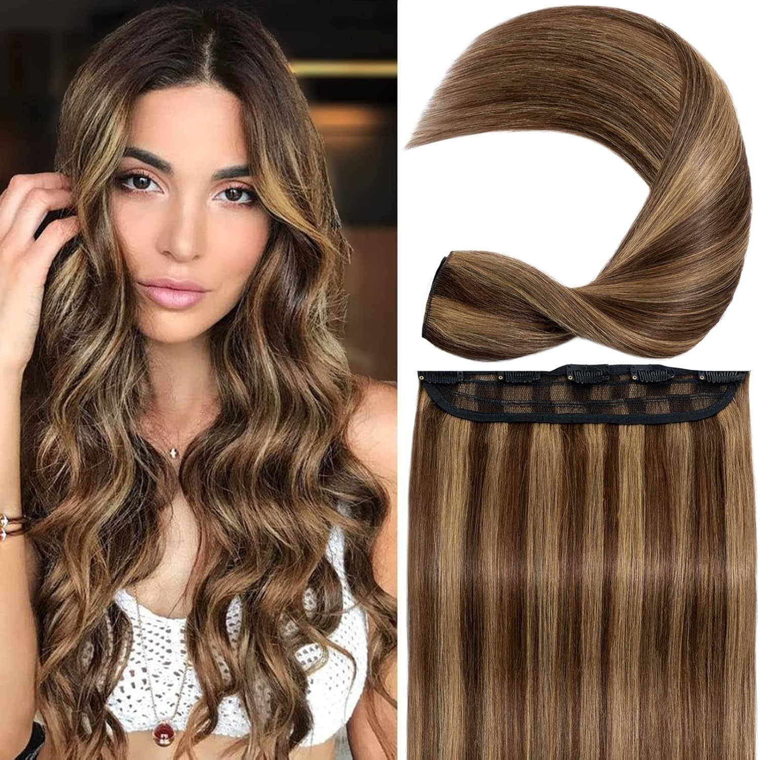 S-noilite Clip in Hair Extensions Human Hair Clip in 100% Remy Human Hair One Piece/5 Clips/3/4 Full Head Standard Weft Straight 24 Inch-60g #04/27 Medium Brown/Dark Blonde