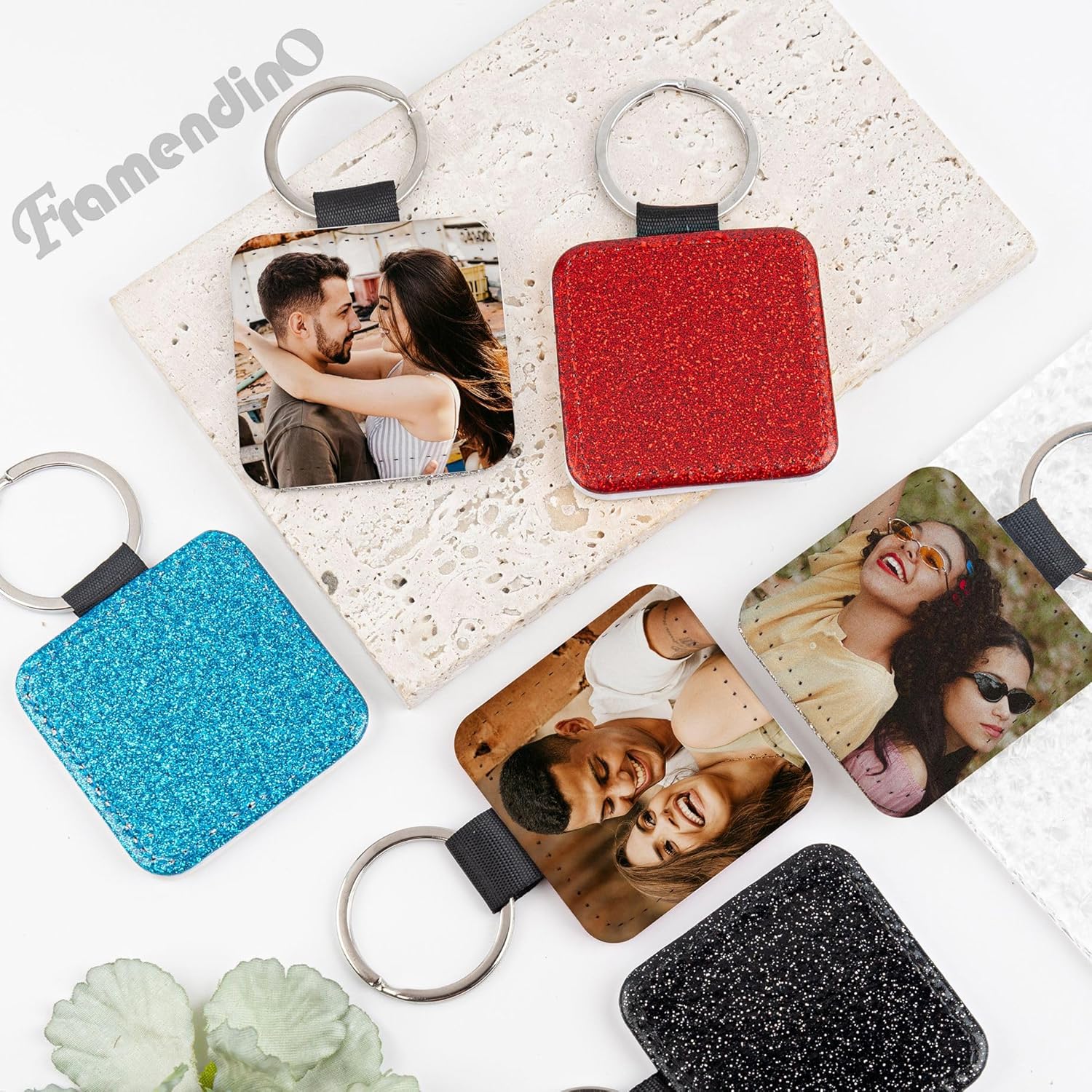 Framendino, 16 Pack Sublimation Blank Keychain Glitter PU Leather Square Rectangle Heat Transfer Key Chain for DIY Craft Making 6 Colors - Image 4