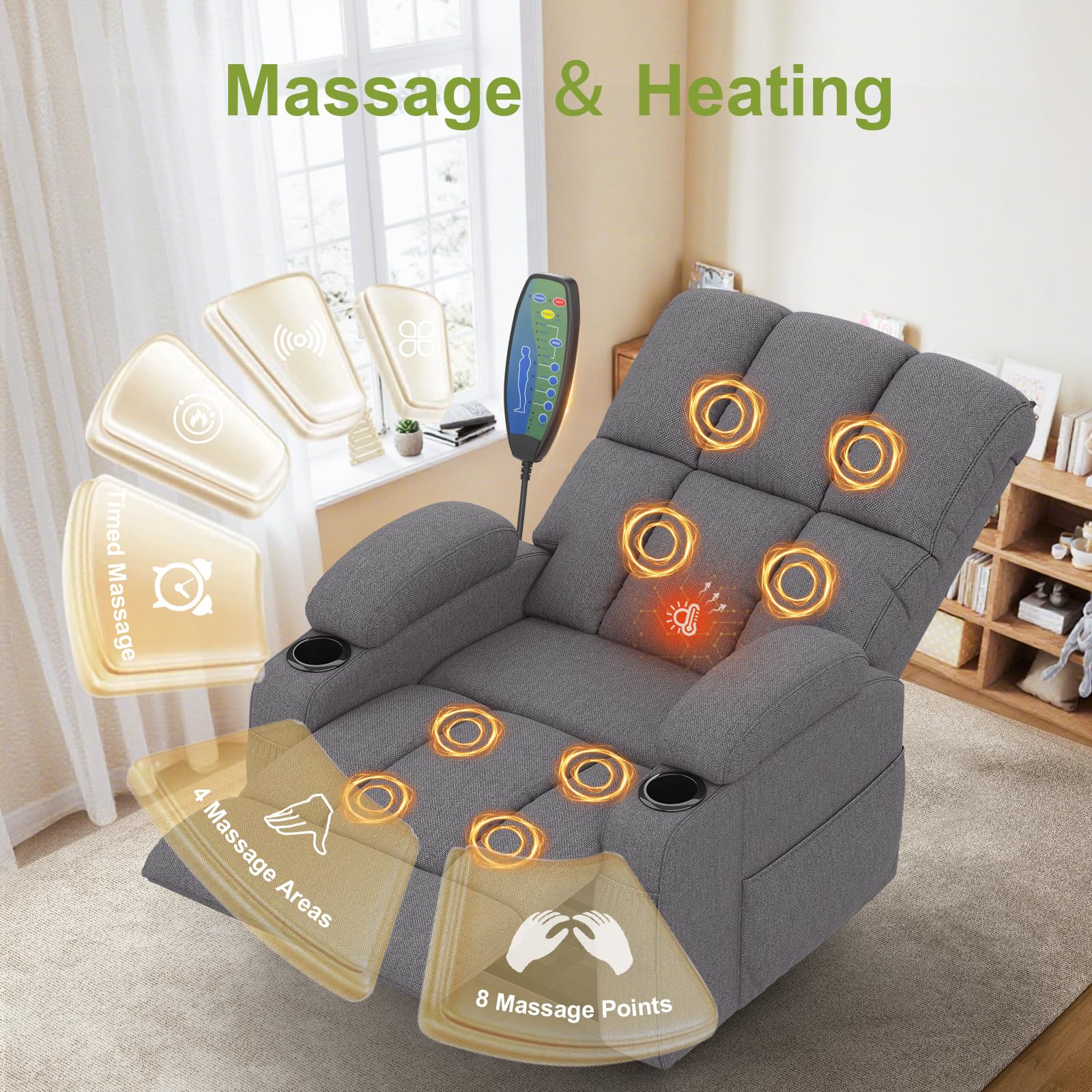 Fauteuil de relaxation - Fauteuil de massage électrique réglable - Avec fonction allongée - Massage - Fonction chauffante - Ports de type C et USB - 4 poches latérales - 2 porte-gobelets