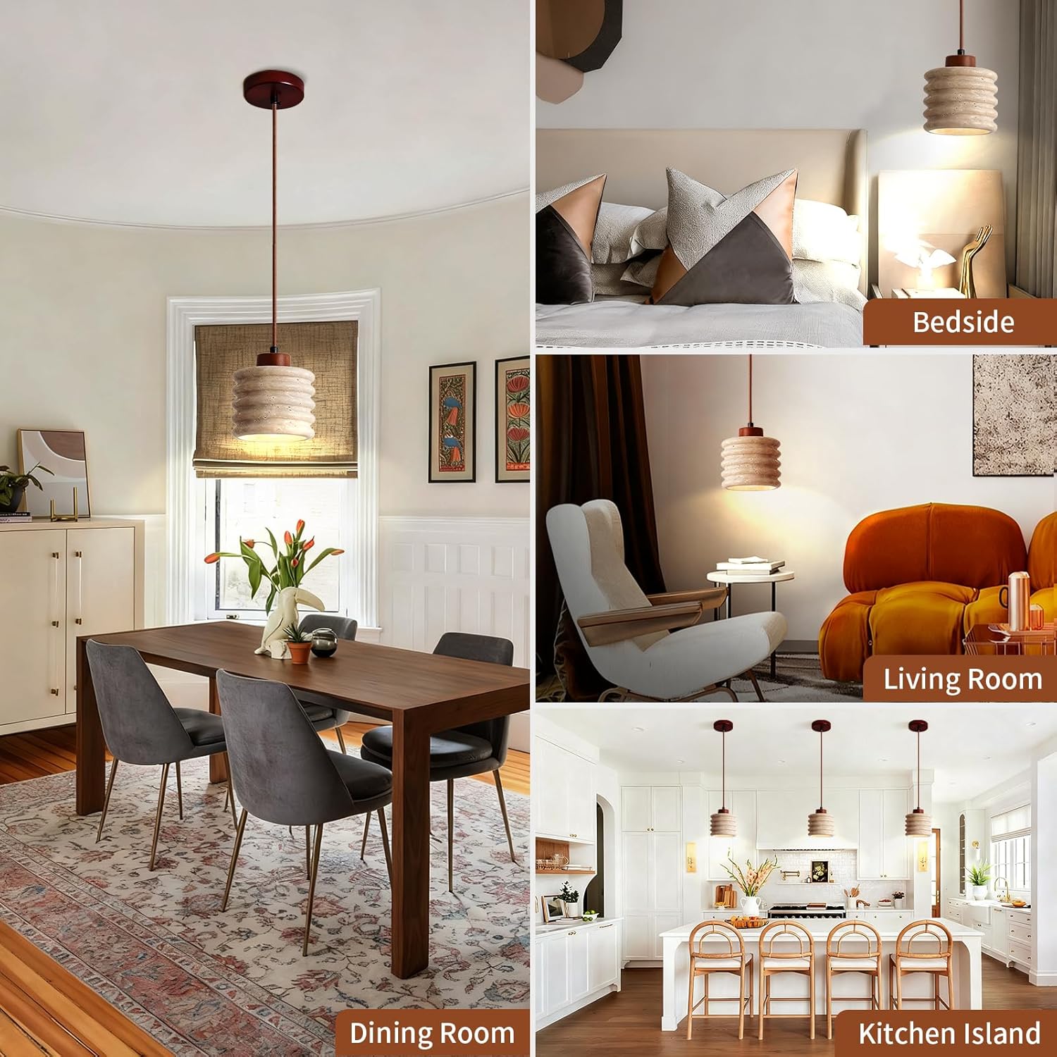 Stone Pendant Light - Nordic Wabi Sabi Lamp, Yellow Travertine Wabi Sabi Chandelier for Dining/Cafe/Restaurant, Adjustable Cord Stone Light for Indoor Use