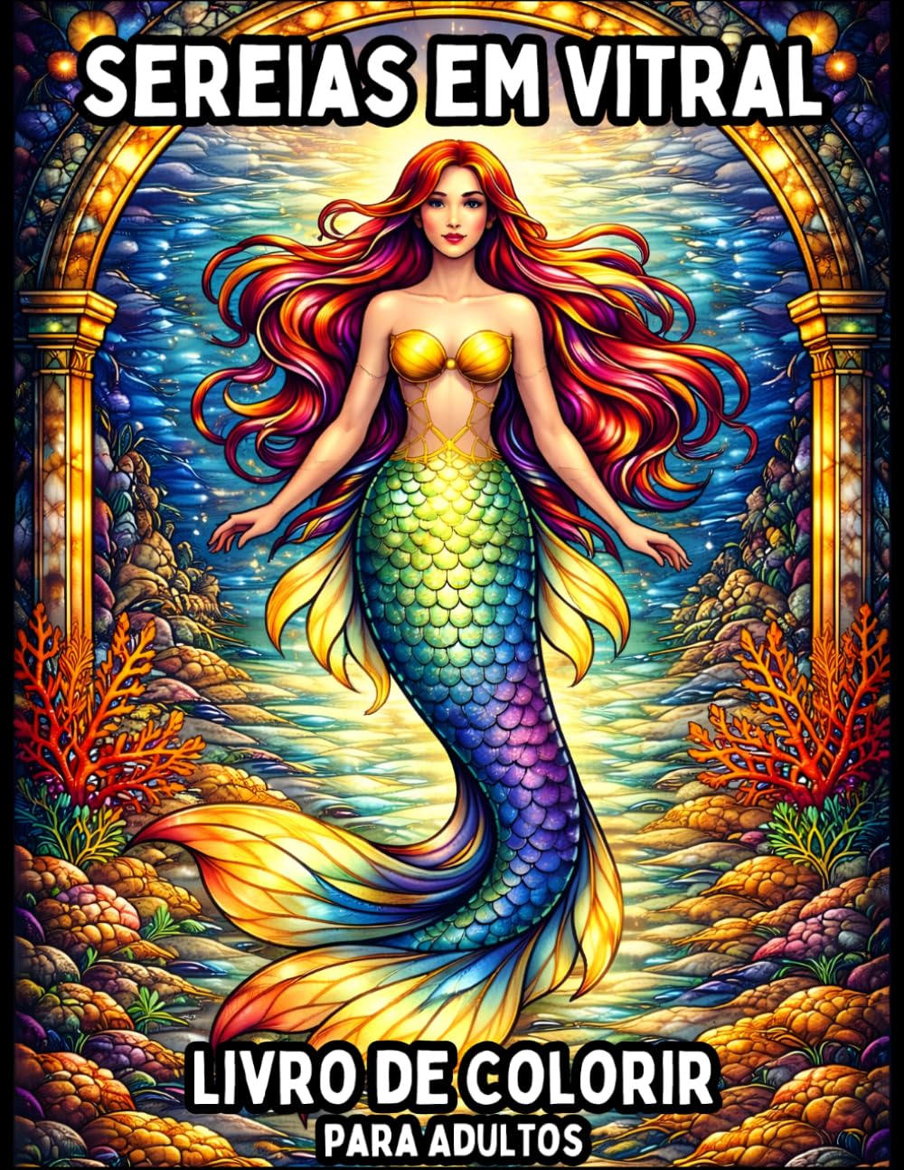 Sereias em Vitral: Livro de Colorir para Adultos – 50 Ilustrações de Sereias em Estilo Vitral para Relaxamento, Fantasia e Criatividade