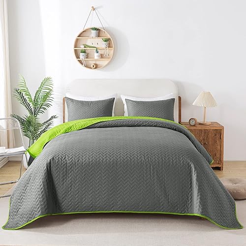 Miniatura 10 de JML - Juego de colcha reversible de microfibra suave y ligera, repujado, color sólido, para todas las estaciones