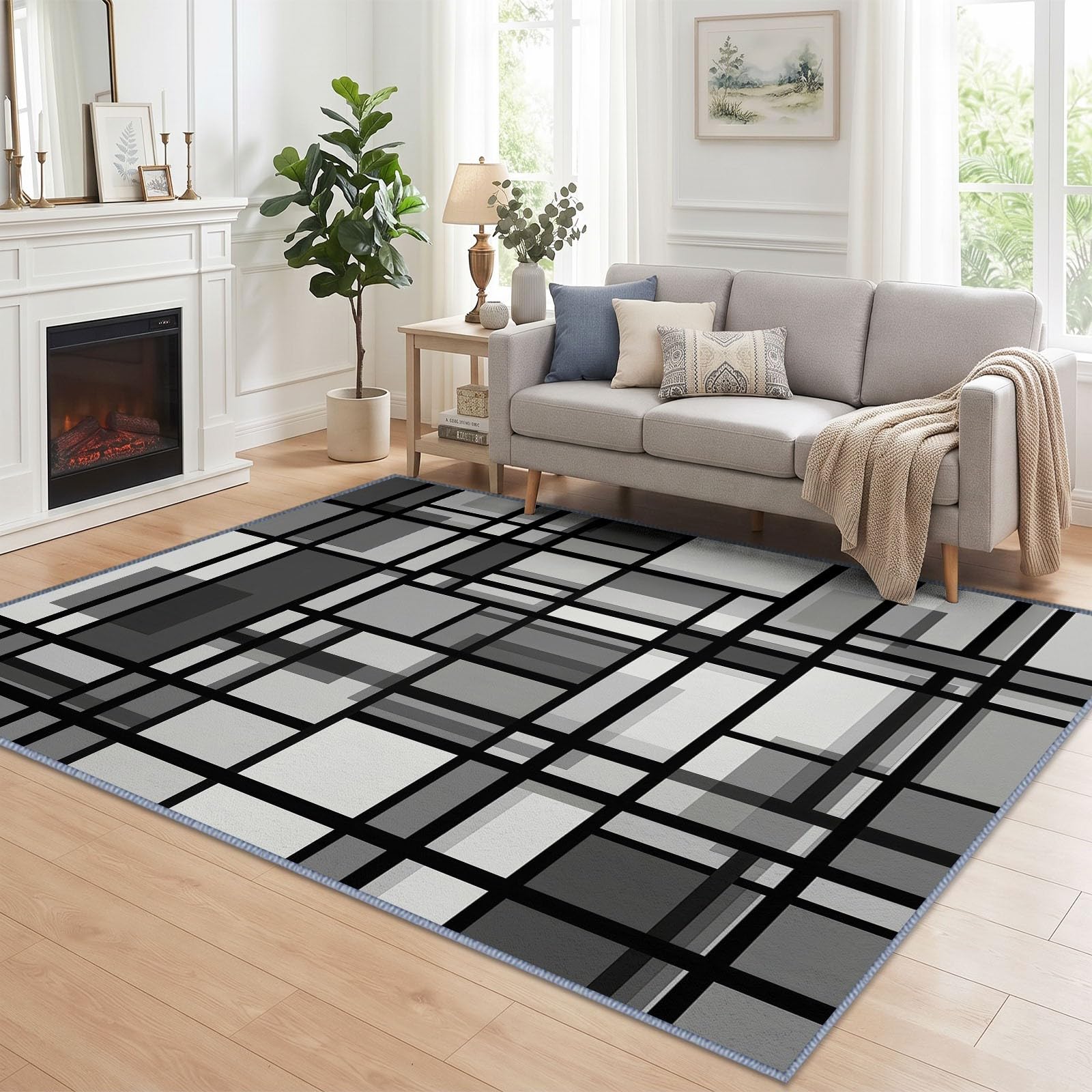 Tappeto in morbida flanella, 120 x 180 cm, minimalismo, geometria, cubi linee, tappeto moderno antiscivolo, lavabile in lavatrice, ideale per camera da letto, corridoio, pelo corto, facile da pulire