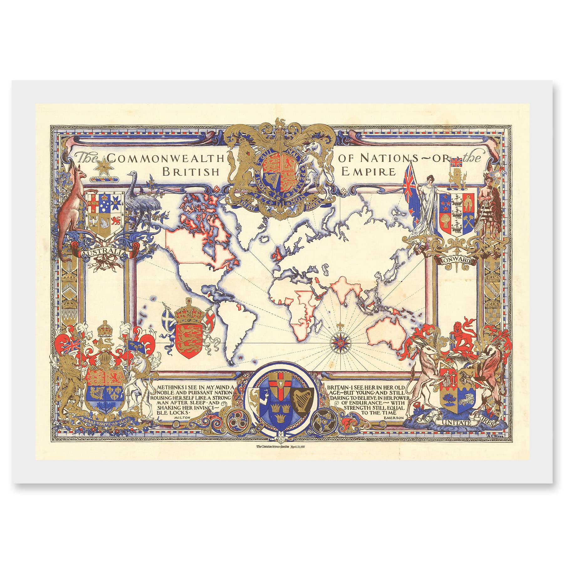 Artery8 Map Webb 1937 British Empire Commonwealth Pictorial Artwork Framed Wall Art Print A4