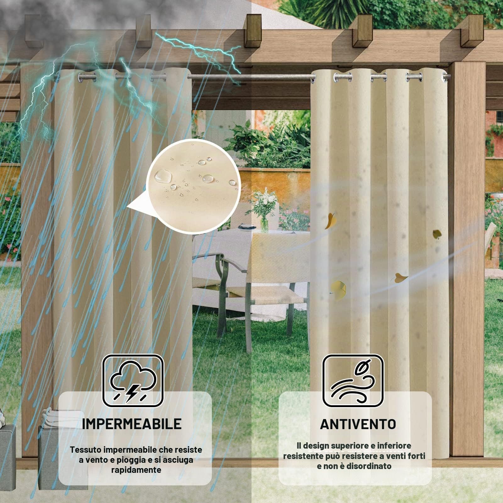 Tende per esterni, tenda per esterni con occhielli, 1 pannello, 24 colori, tende da esterni impermeabili, tenda da sole per patio, privacy, per balcone, patio, veranda, pergola, 132 x 213 cm