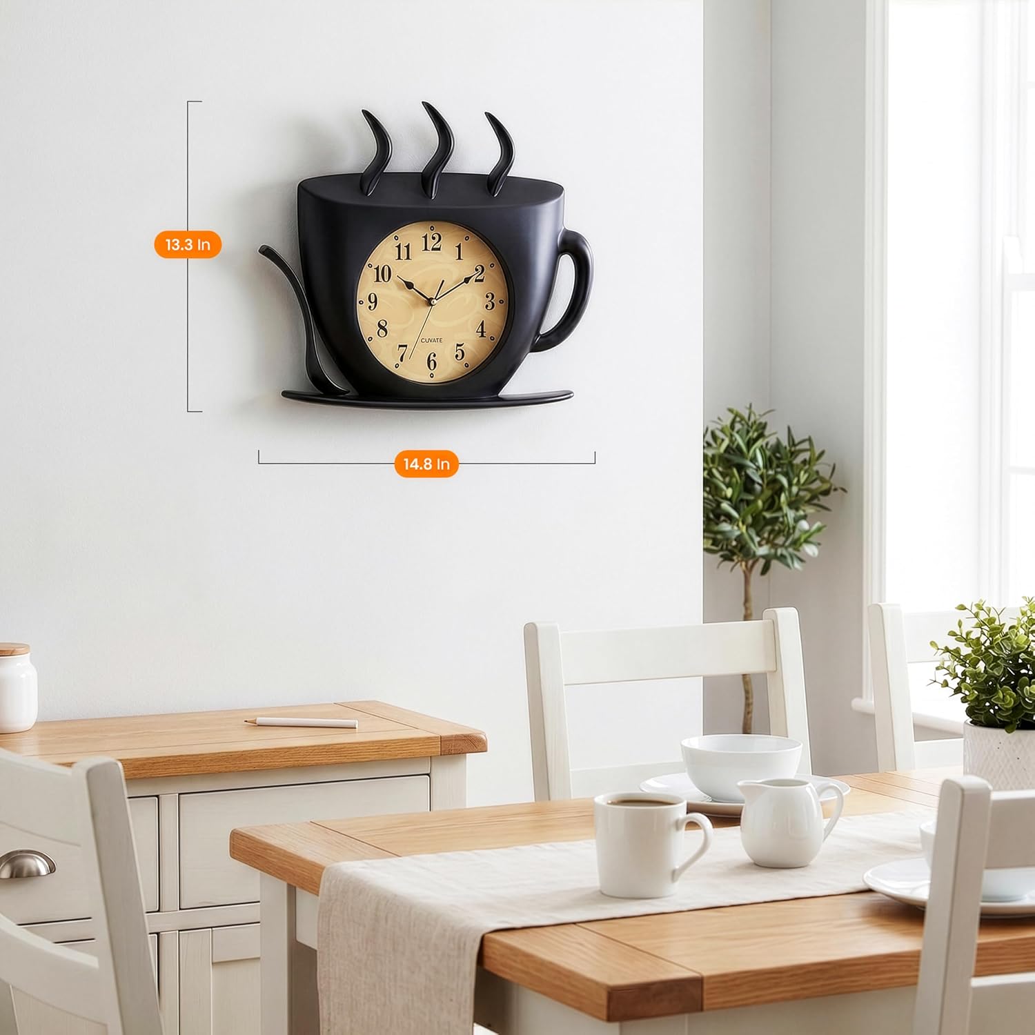 Clockswise Coffee Cup Wall Clock Battery-Operated Quartz Timepiece Decorative Accent for Kitchen Coffee Bar Cafe Restaurant Dining Room and Breakfast Nook, Ideal for Home & Office Decor, Black image 2