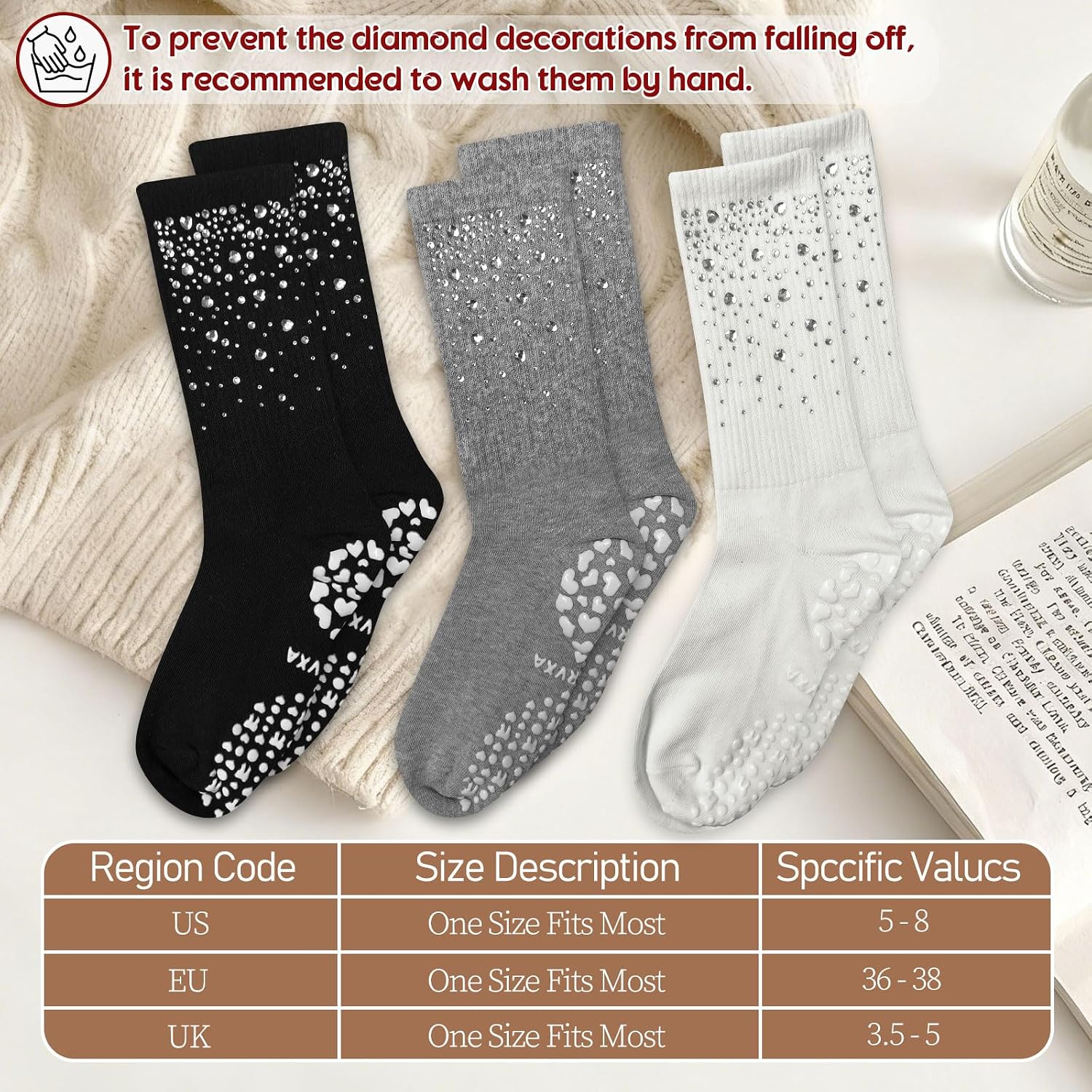 3 Pairs Cute Pilates Grip Socks for Women Bling Glitter Rhinestone Crew Non Slip Grip Socks for Yoga, Barre,Barefoot