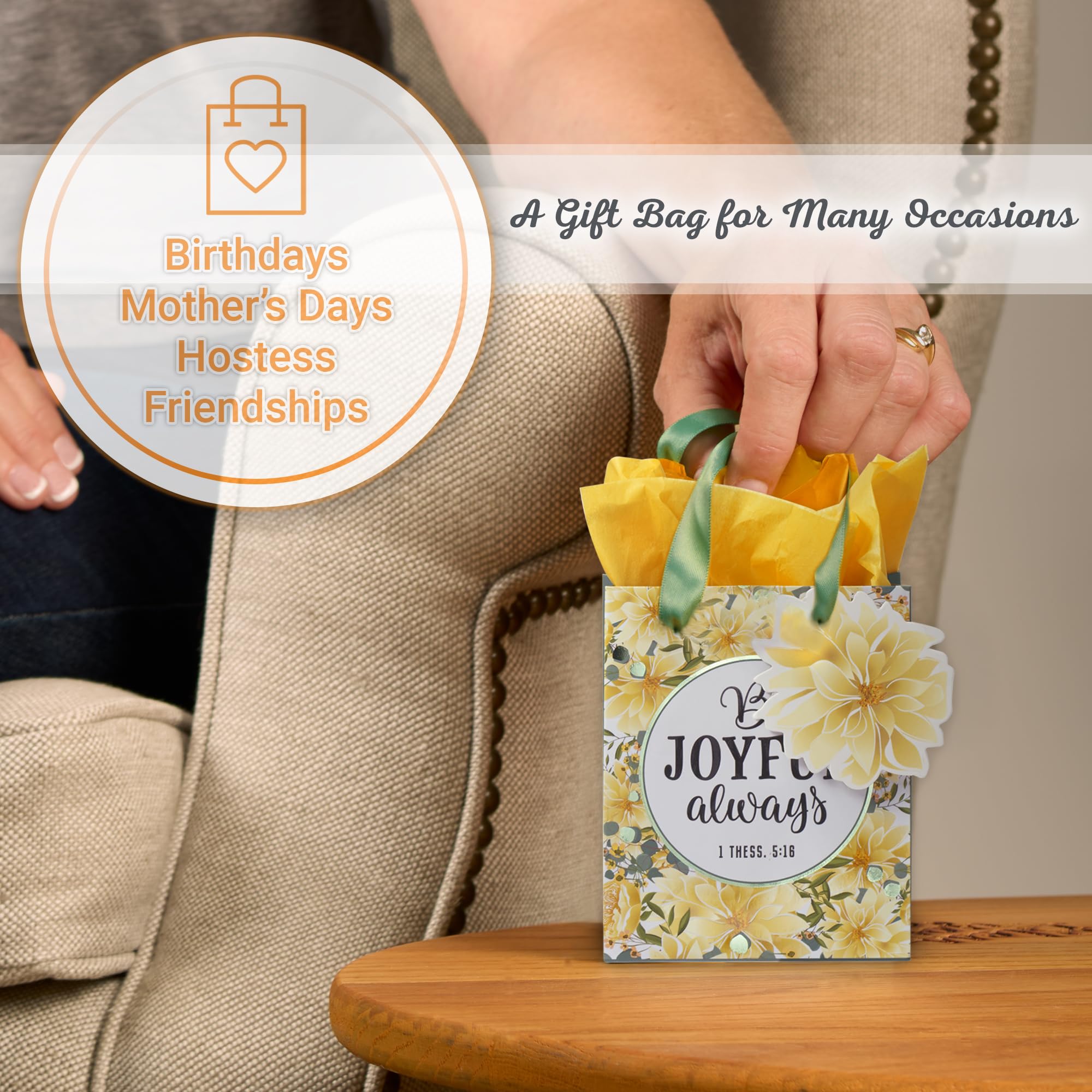 Christian Art Gifts Gift Bag/Tissue Paper Set Be Joyful Always 1 Thessalonians 5:16 Bible Verse, Yellow Floral, Extra Small