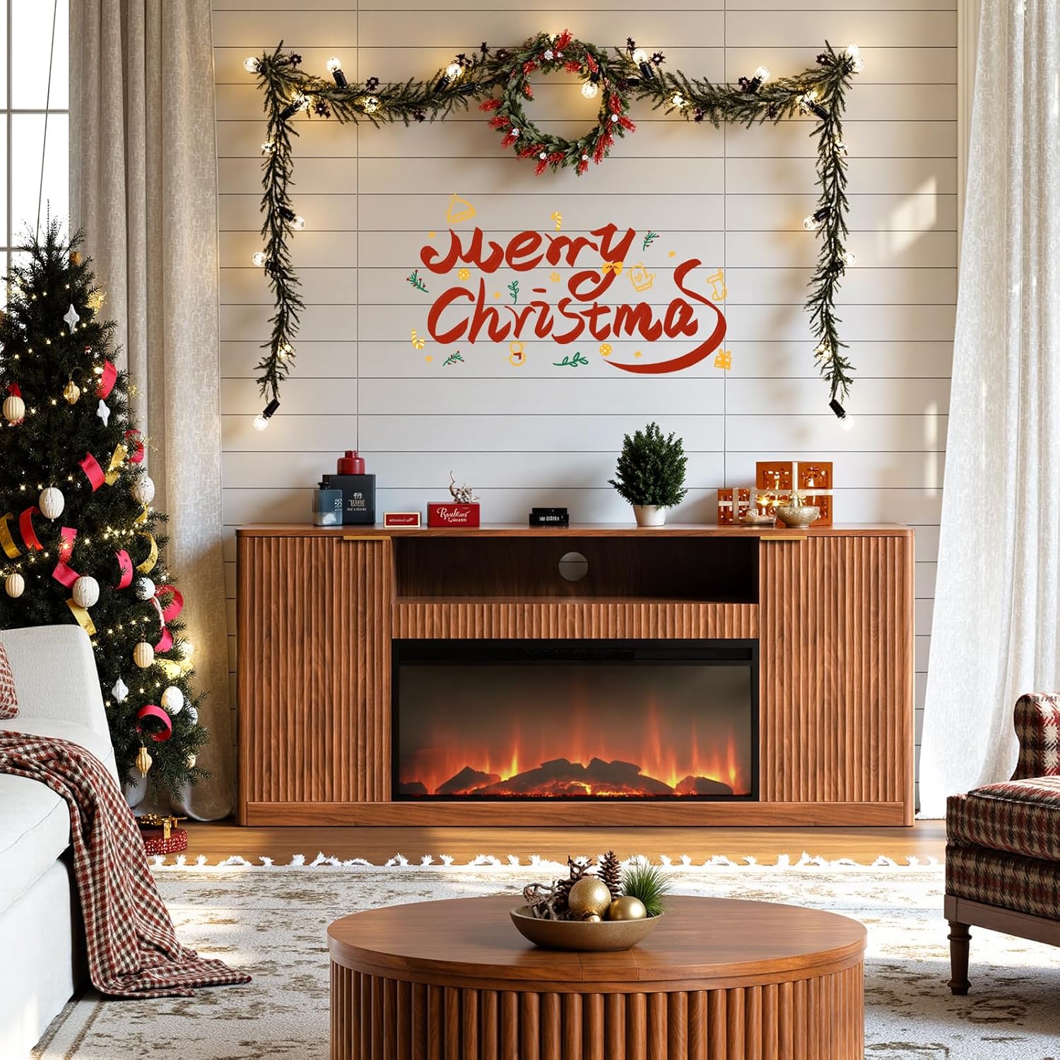 Evermagin 67" Walnut Fluted Fireplace TV Stand for TVs up tp 75", Mid-Century Modern Entertainment Center with Storage Cabinets and Doors, Wood Media TV Consoles for Living Room and Bedroom Furniture Walnut 67" TV Stand with Electric Fireplace