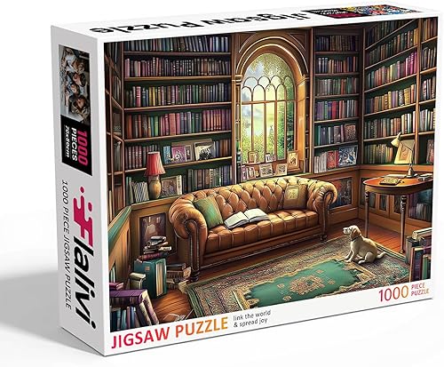 Miniatura 2 de Rompecabezas de biblioteca vintage de 1000 piezas para adultos y familias, desafiante escena acogedora con sofá de cuero (27.56 x 19.69 pulgadas)