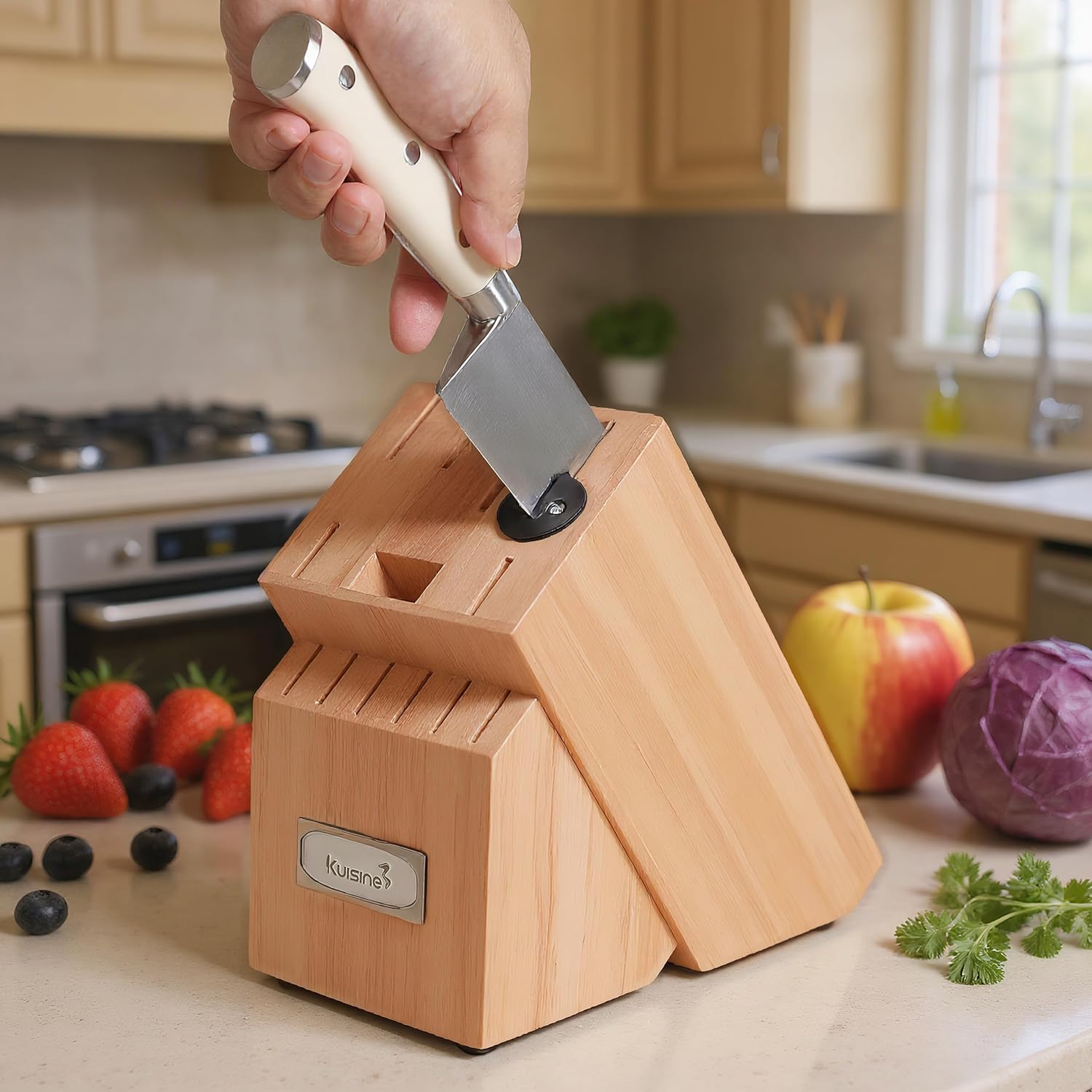 KUISINE Upgraded Knife Set High Carbon Stainless Steel Sharper Blade Ergonomic Handle,Knife Block Set with Built- in Sharpener(Ivory Pro Acacia,15PCS) - Image 6