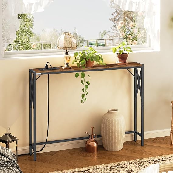 MAHANCRIS Console Table with Charging Station, 100 CM Narrow Sofa Table, Long Entryway Table, Hallway Table with USB Ports, Behind Couch Table with Power Outlets, Rustic Brown ACTHR151KE01N1