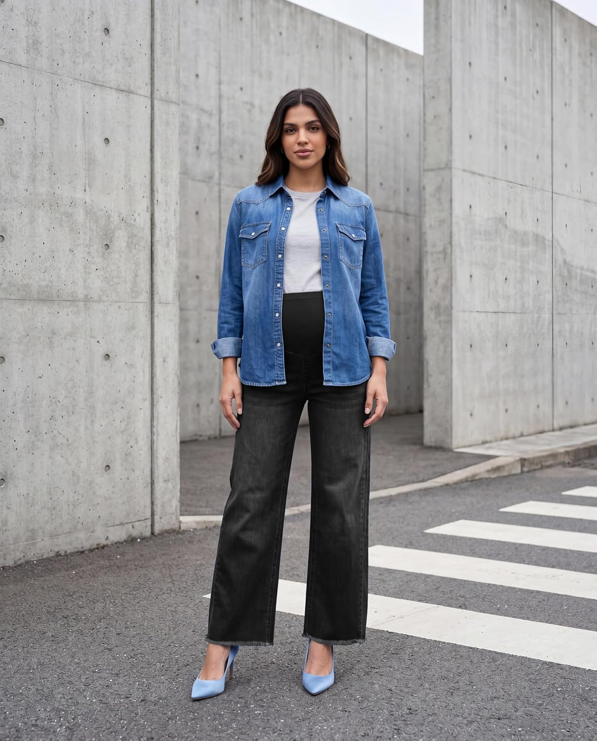 Maternity Jeans Wide Leg Baggy Denim Pants | Over The Belly, Raw Hem, Loose Fit, Soft & Stretchy Fabric, Basic Five Pockets, Trendy Casual Jeans