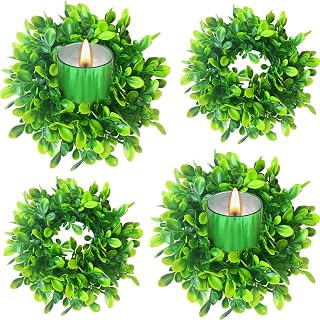 4 Pcs Candle Rings Wreaths, Artificial Boxwood Wreath, with Wreath Frame Base, Greenery Wreath for Table, Fall Porch Decor, Thanksgiving, Easter（ 4‘’Inner Diameter