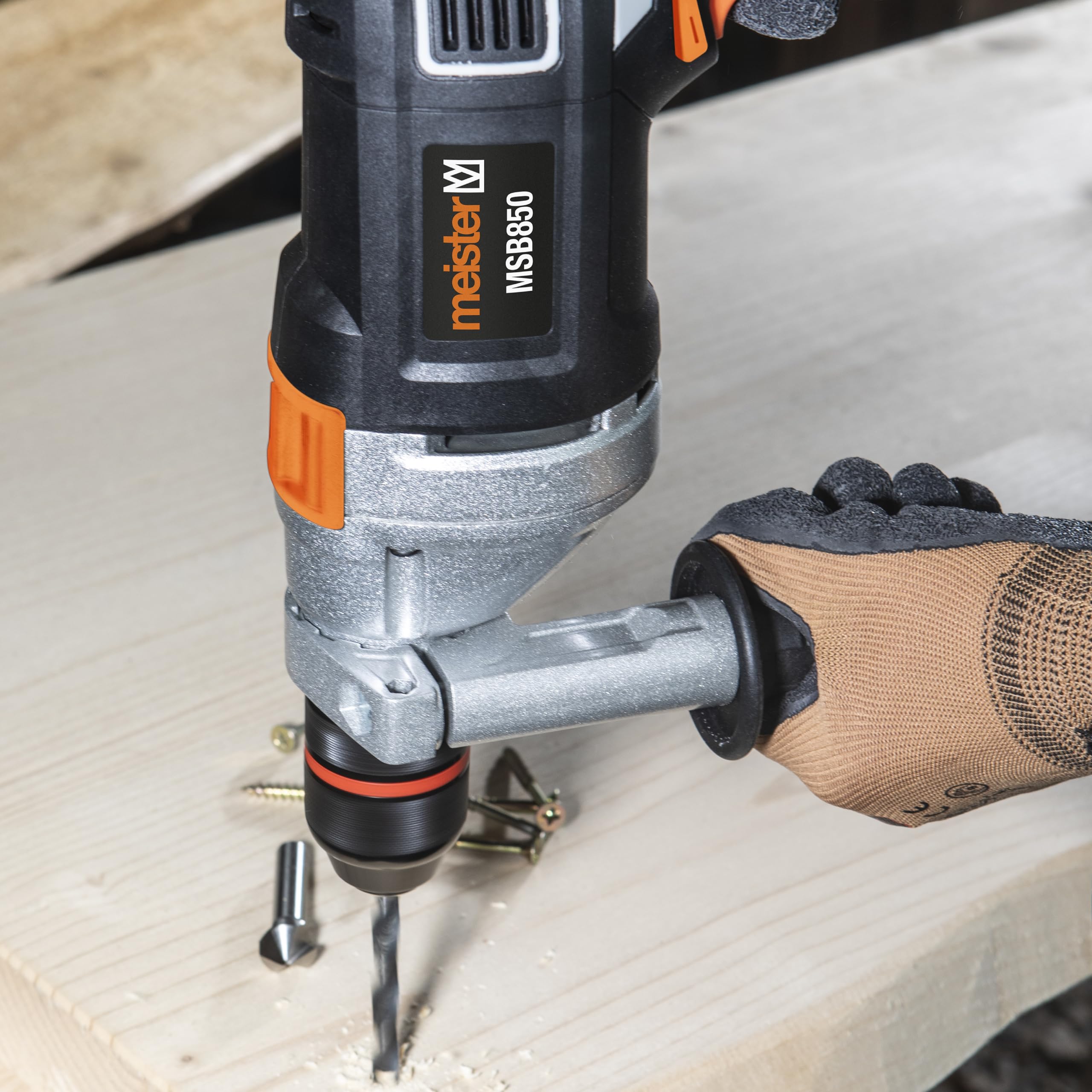 Meister Trapano a percussione 850 W, MSB850 – Mandrino a sgancio rapido – Preselezione della velocità – Impugnatura aggiuntiva & arresto di profondità/martello/trapano/trapano a percussione per legno,