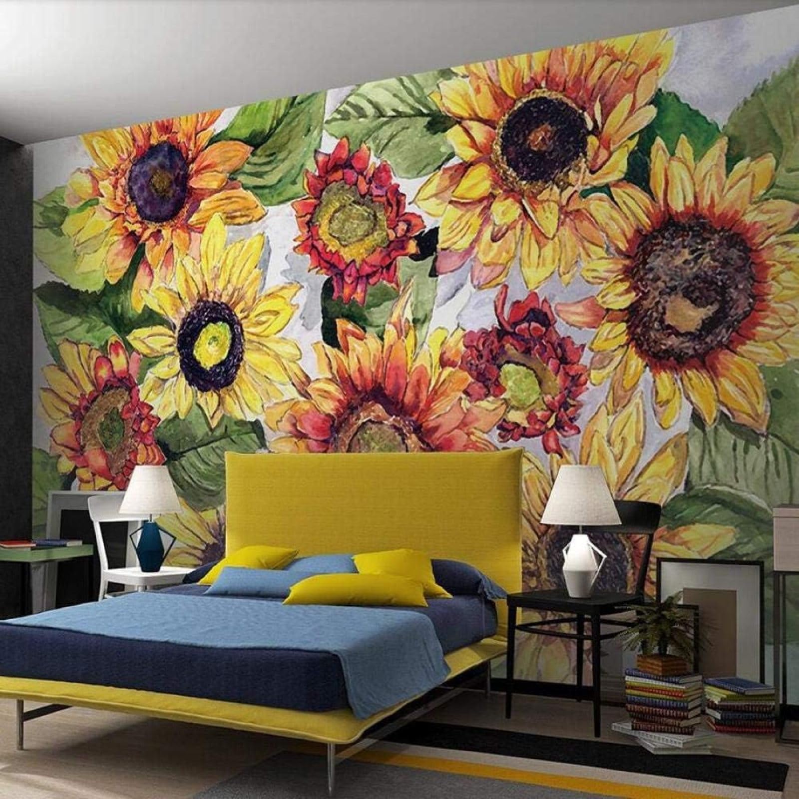 Papel pintado girasol 3D mural decorativo de seda para dormitorio de 300x210cm