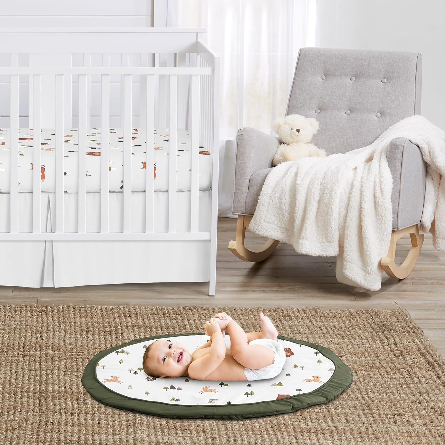 Sweet Jojo Designs Baby Play Mat (Woodland Animals) for Girls and Boys, Infant, Toddler Tummy Time Activity Floor Playmat (Sage Green, Watercolor, Forest Animal Friends, Brown Bear, Fox, Deer, Leaves)