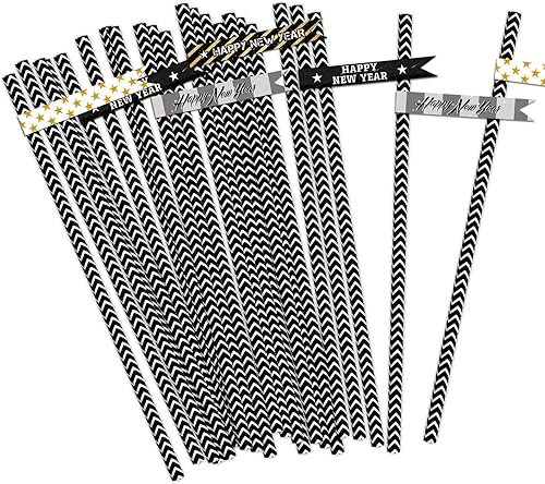 24 popotes de papel para Año Nuevo 2024, suministros de fiesta de Nochevieja, dijes de rayas de estrellas negras y blancas, pajitas de bebidas,
