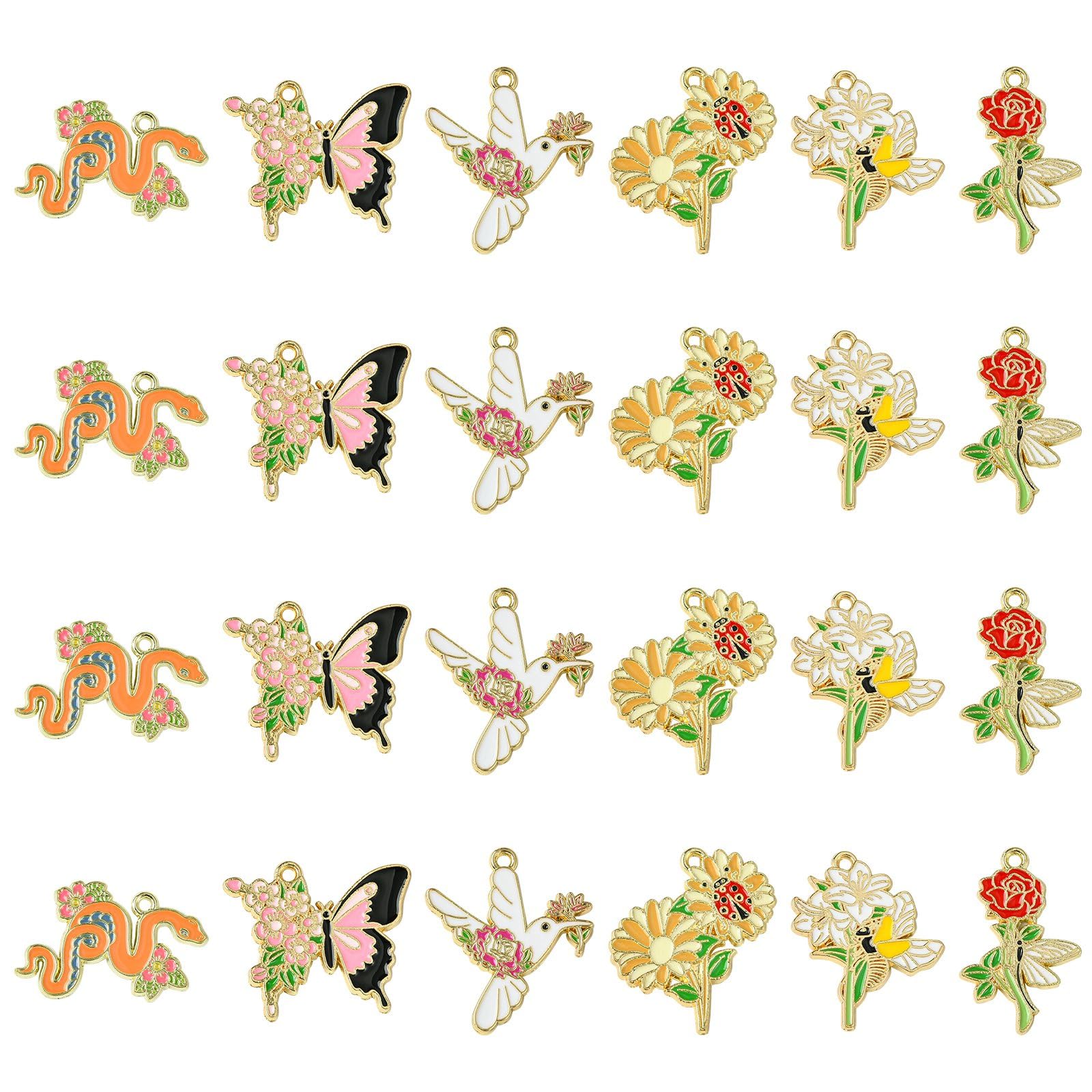 Stiesy 30Pcs 6 Styles Enamel Flower Animal Charms Butterfly Ladybird Snake Bird Charm Pendant Insect with Plant Bracelet Charms for Jewellery Making Crafting DIY Necklace Earring Presents