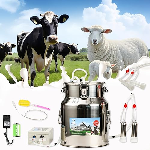 14L 2-in-1 Electric Milking Machine for Goats and Cows, Portable Rechargeable Milker with Battery Powered Pulsation Vacuum Pump & 4 Teat Cups, Stainless Steel Bucket