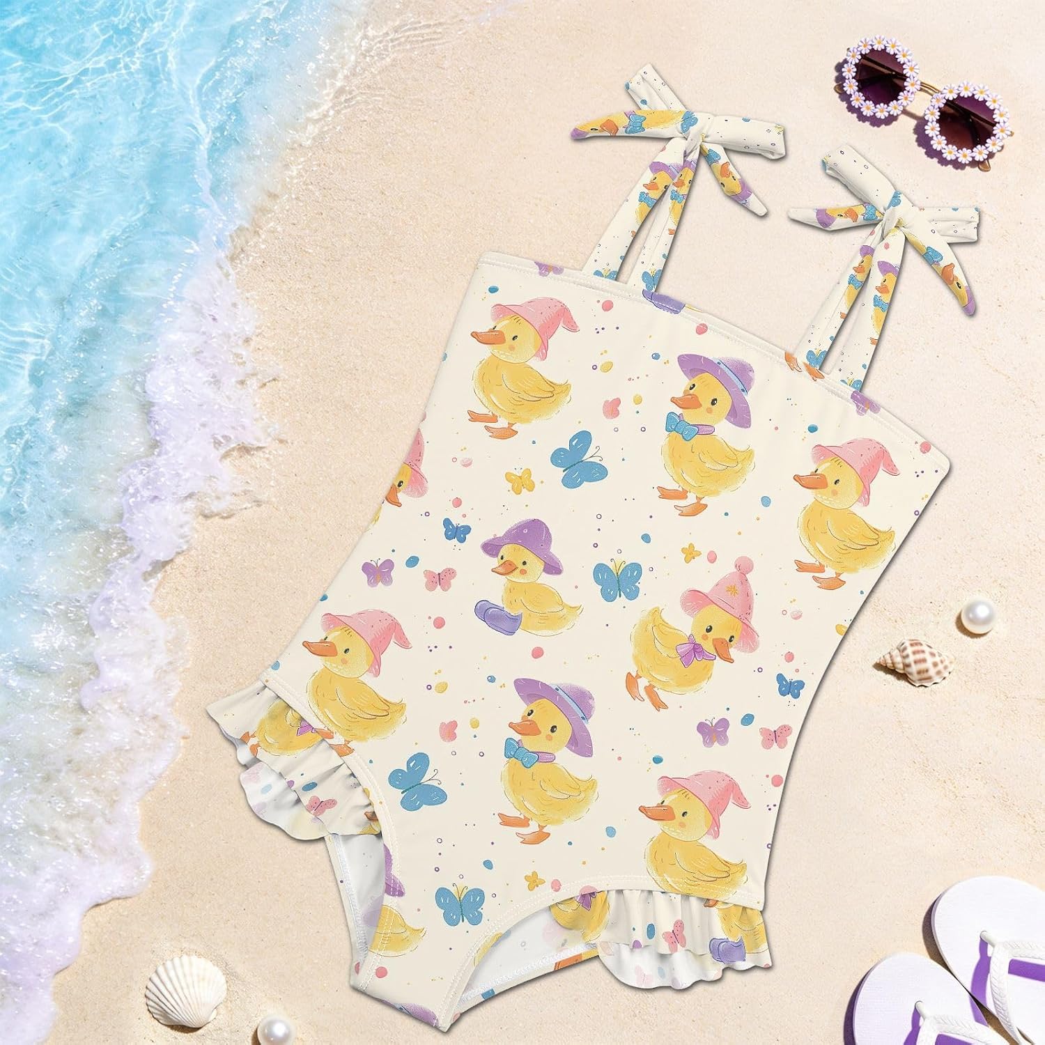 visesunny Toddler Girl Swimsuit Adjustable Strap Swimwear Duckling Colorful Hat Bathing Suits for Girls 18M-6Y