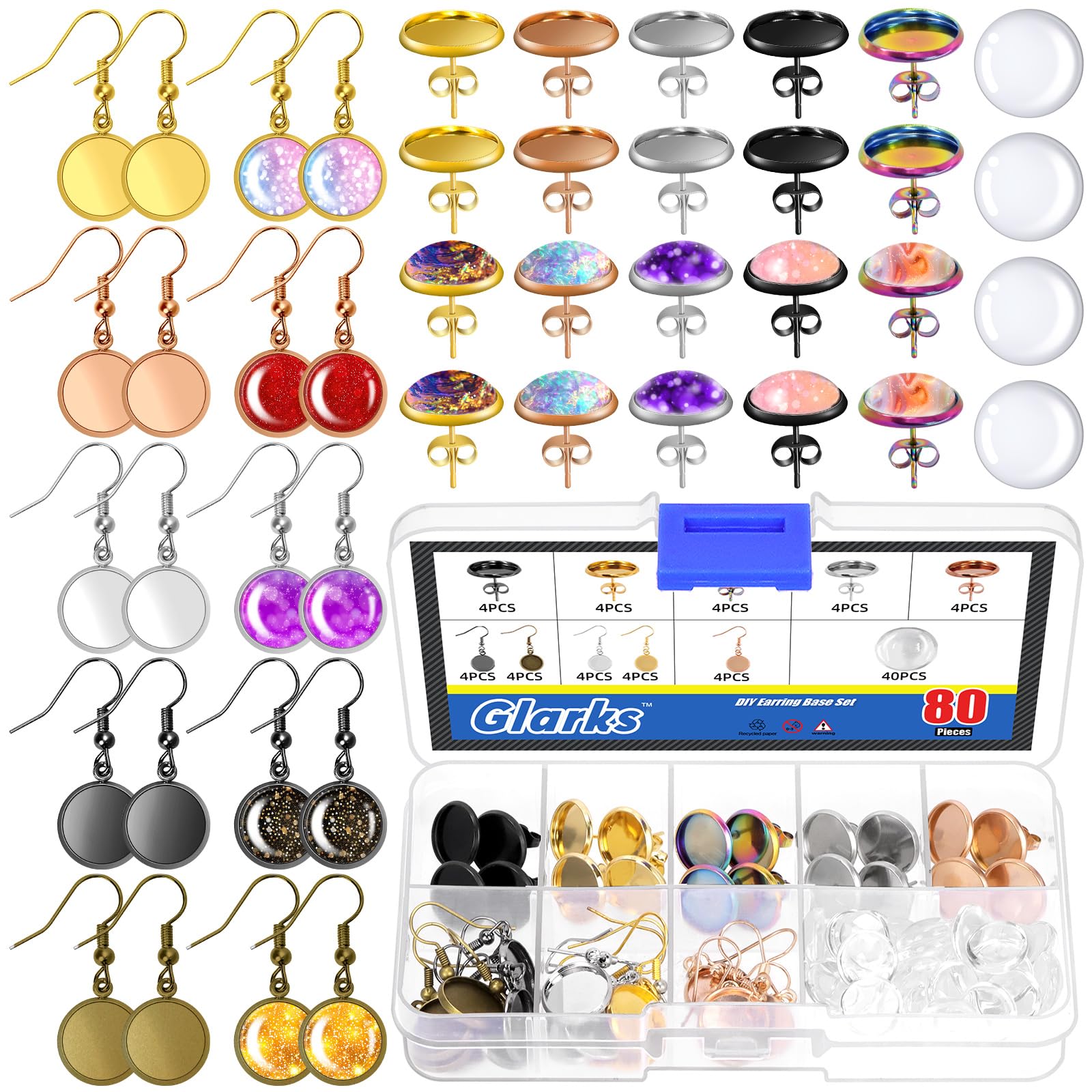 Glarks 80pcs 12mm(1/2in) Cabochon Earrings Making Kit, Include 20pcs Earring Wire Hooks Blanks, 20pcs Blank Stud with Earring Back, 40pcs Clear Glass Cabochons, Earring Bezel for Earring Making