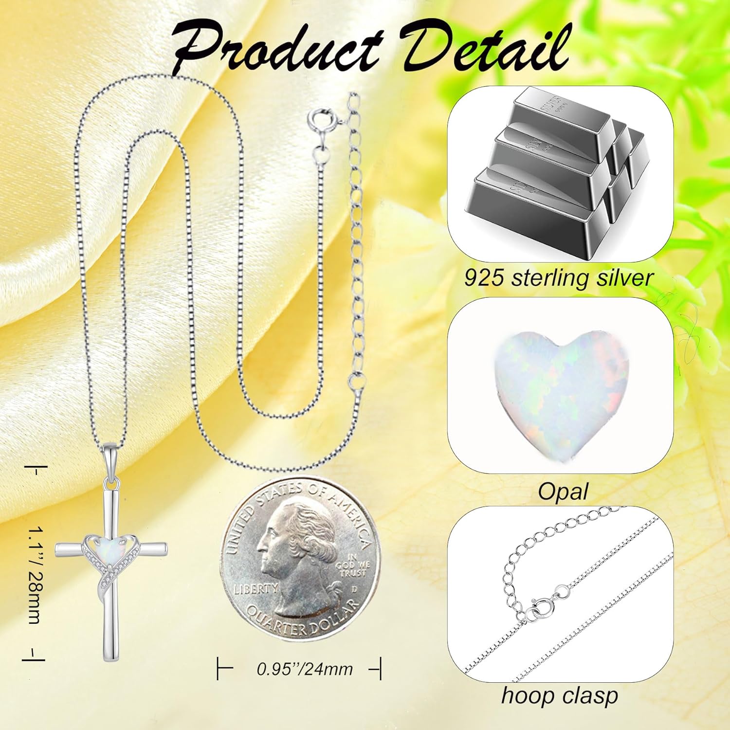 Opal Cross Necklace or Women 925 Sterling Silver Heart Cross Pendant Necklace Birthday Christmas Jewelry - Image 6