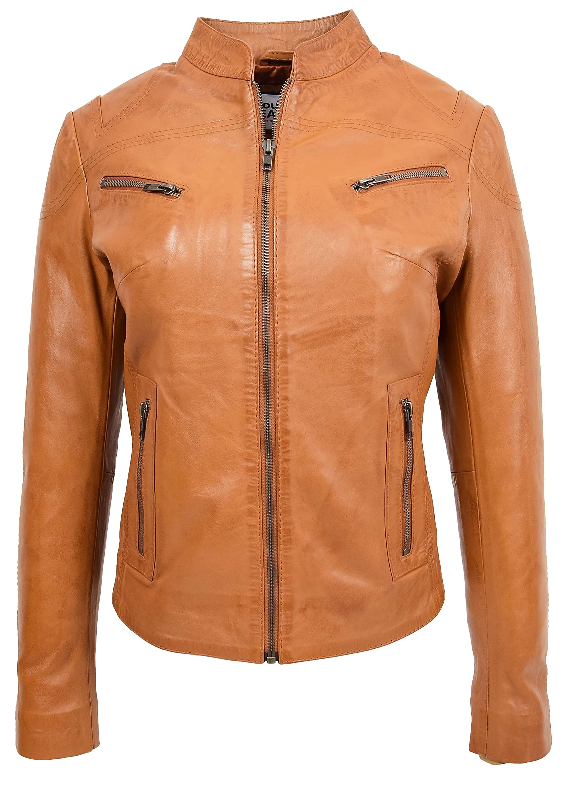 Womens Real Leather Biker Jacket Standing Collar Zip up Style Becky (12, Tan)