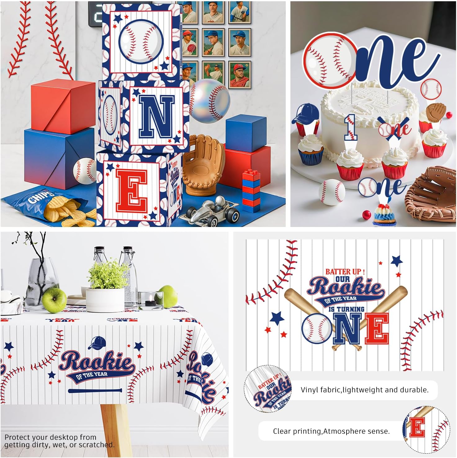 cocomigo Rookie of the Year First Birthday Decorations for Boys - 200 Pcs Party Kit with Balloon Arch, Backdrop, Tableware, Balloon Box, Highchair Banner - Rookie Year Themed Decor for 20 Guests
