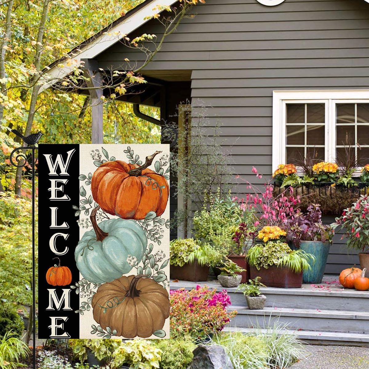 Baccessor Fall Tree Cardinal Garden Flag and Fall Pumpkins Garden Flag 12.5 x 18 Inch Double Sided