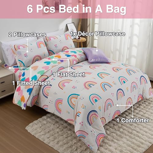 Miniatura 3 de A Nice Night Juego de edredón arcoíris para niñas, tamaño individual, 6 piezas, ropa de cama en una bolsa, de poliéster suave, con diseño floral,
