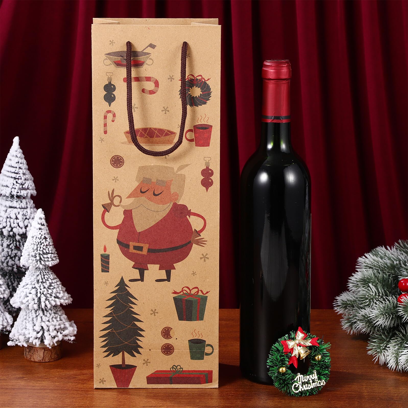 MOLUCKFU 12 Pezzi Sacchetti Regalo Bottiglie Vino Natale in Kraft Resistente e Riutilizzabile Borse Porta Vino Decorativi per Feste e Regali Natalizi