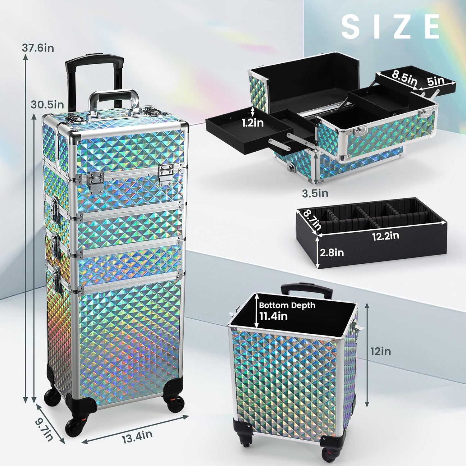 Stagiant Rolling Makeup Case Cosmetology Case on Wheels 4 in 1 Makeup Travel Case Large Cosmetic Organizer Storage with Key Swivel Wheels Nail Artist Salon Traveling Cart Trunk Watery Blue