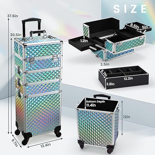 Vista 26 de Stagiant Estuche de tren de maquillaje rodante, estuche de cosmetología con ruedas, 4 en 1, estuche de cosméticos grande con ruedas, estuche