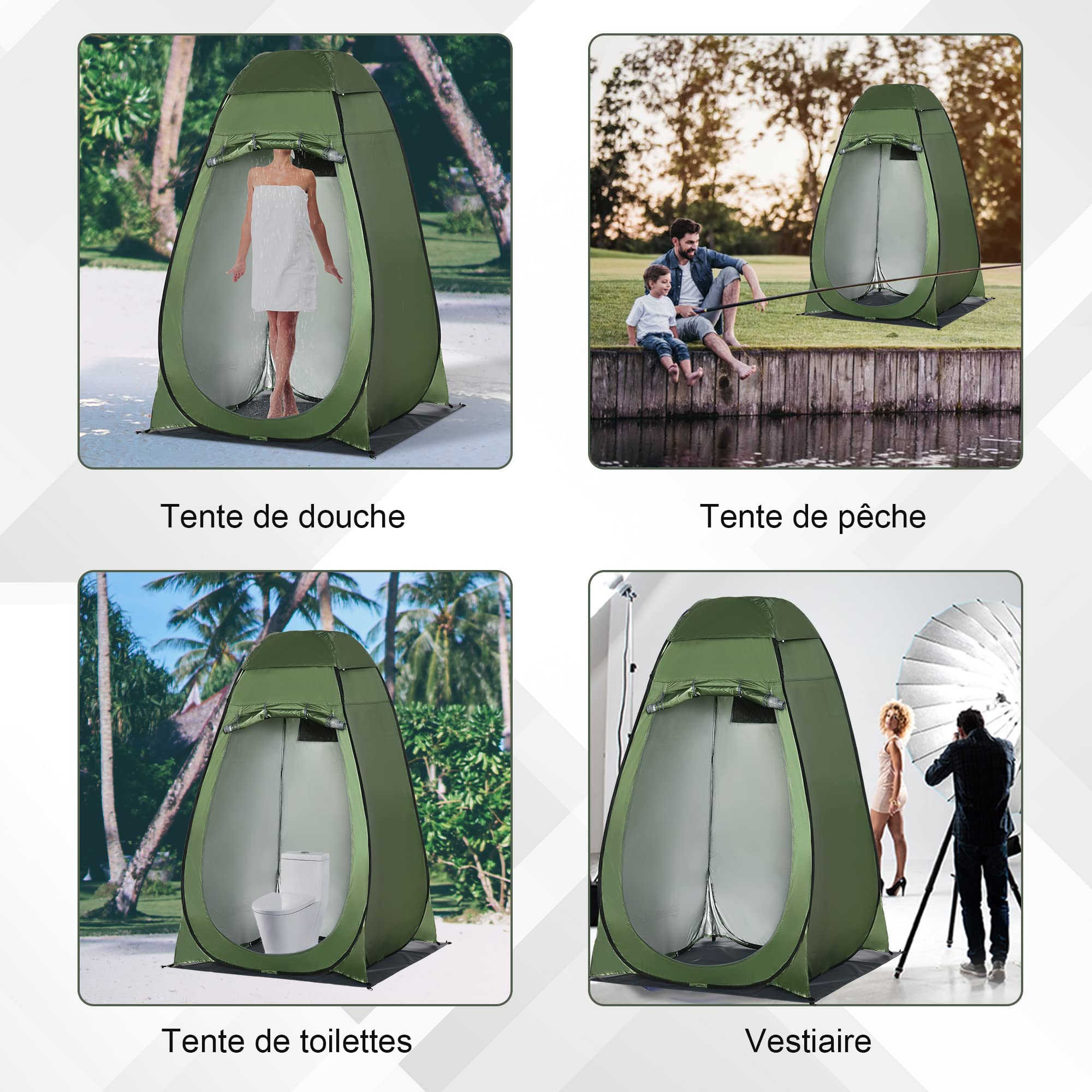 Outsunny Tente de Douche de Camping Pop up Pliable avec Sac de Transport Polyester dim. 126L x 124l x 198H cm - Vert