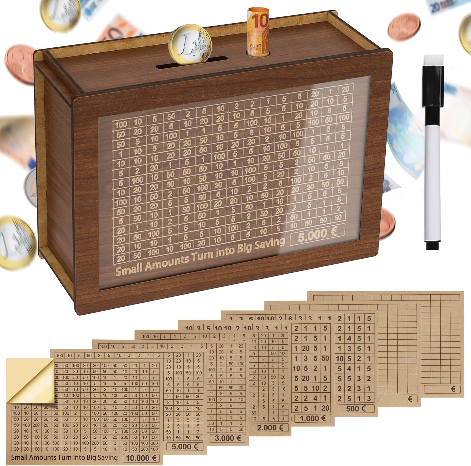 Alyvisun Wooden Stickers, Piggy 5000 Pound, Reusable Box with Counter Money Challenge Saving Bank Coin Cash Jar for Kids Adults 500-10000 DIY Target, Brown, One Size