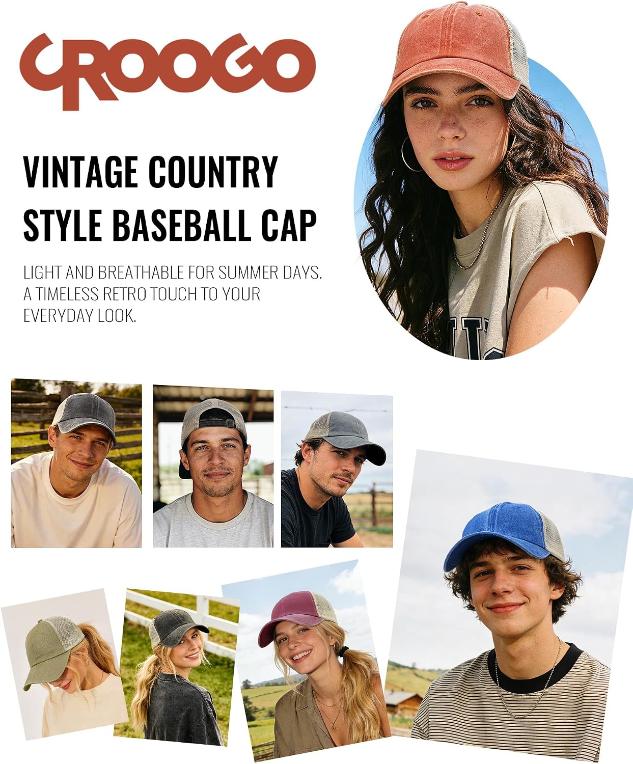 Croogo Men's Adjustable Mesh Back Cap Curved Bill Snapback Mesh Baseball Cap Retro Washed Trucker Cap Breathable Sun Hat