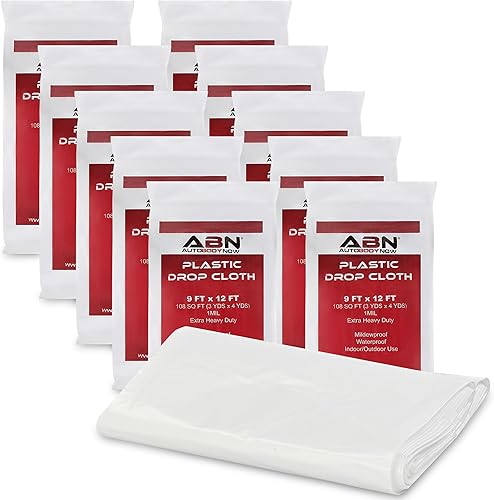 Juego de 10 paños de plástico transparente blanco, 9 x 12 pies, protector para pintores de automóviles, protección contra derrames de pintura de