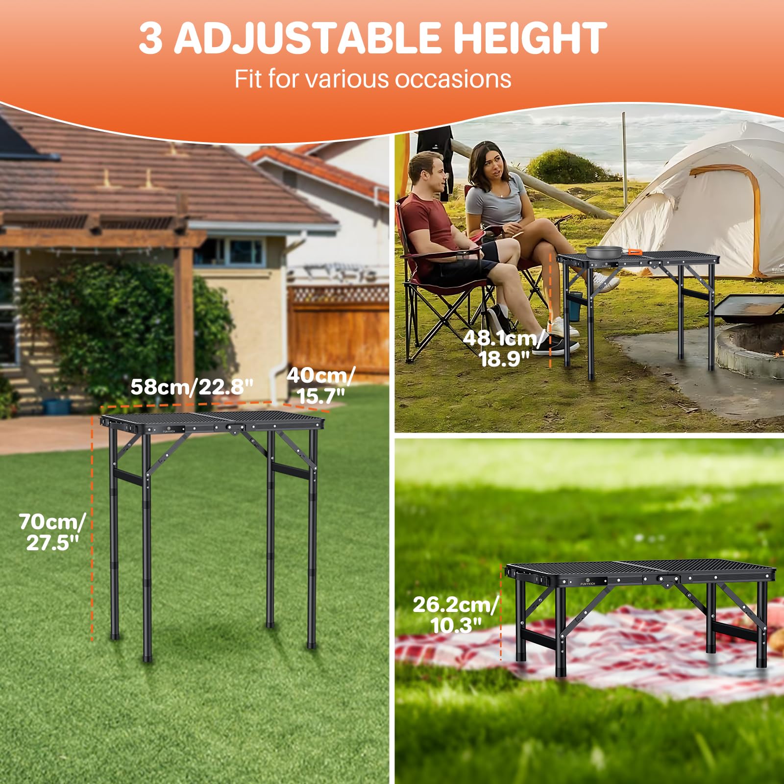 FUNYKICH Portable BBQ Table for Outside(58x40cm), 3 Height Adjustable Folding Grill Table - Image 2