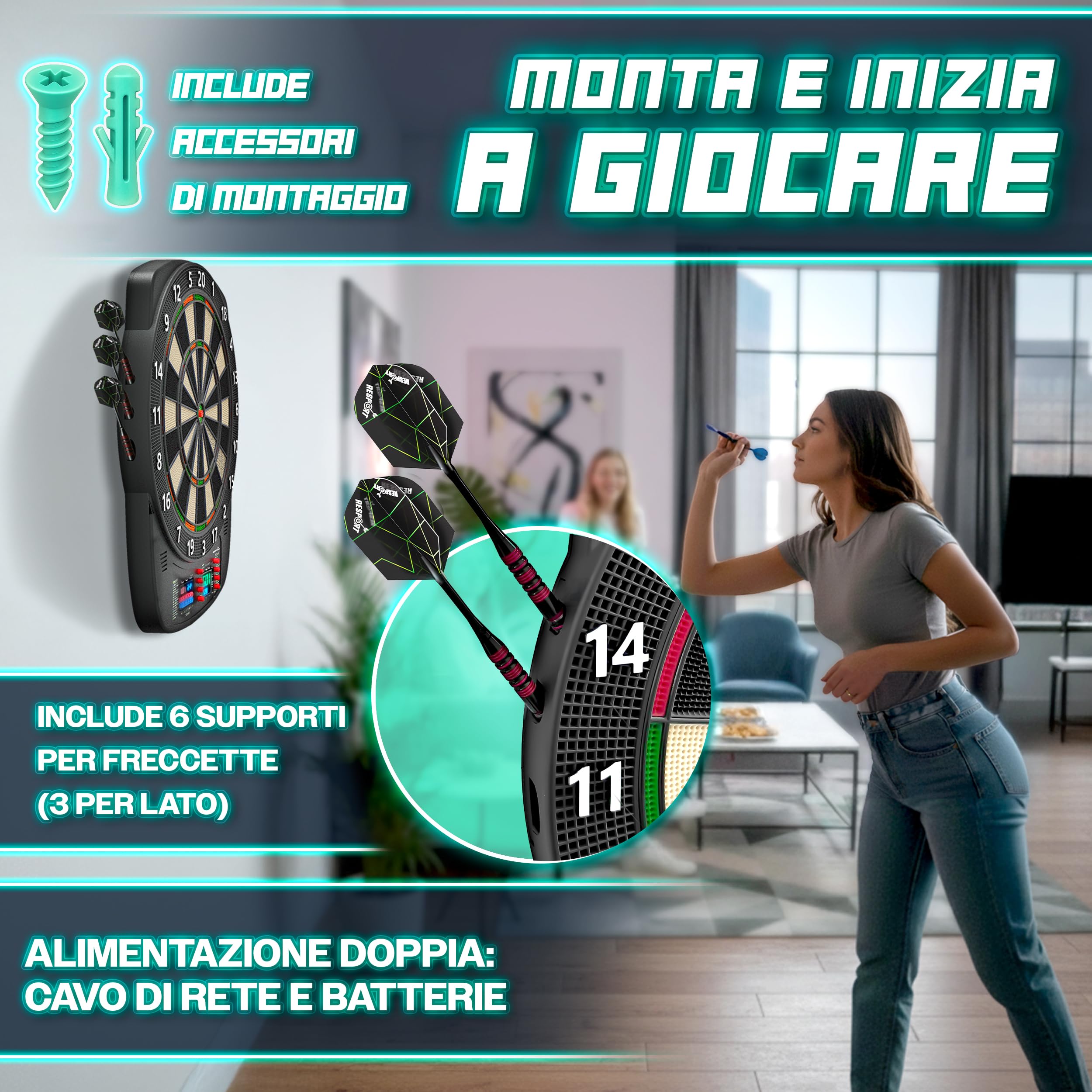RE:SPORT® Bersaglio elettronico per freccette, set professionale con 12 freccette + 24 ali Pro + 100 punte per freccette e accessori | E Dartautomat per 1–8 giocatori con 427 varianti | Bersaglio
