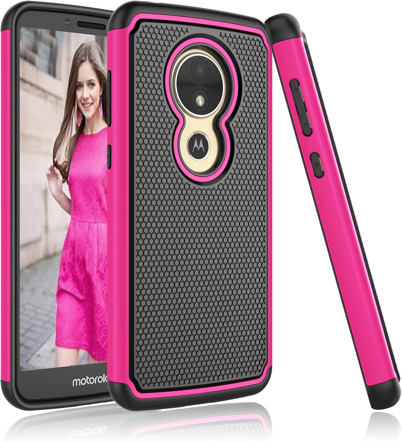 NJJEX Motorola Moto E5 Play Case, Moto E5 Cruise/Moto E5 GO 5.2" Cute Case, [Nveins] Impact Hybrid Hard Plastic Back + Soft Silicone Armor Defender Shockproof Scratchproof Slim Cover - Rose Red