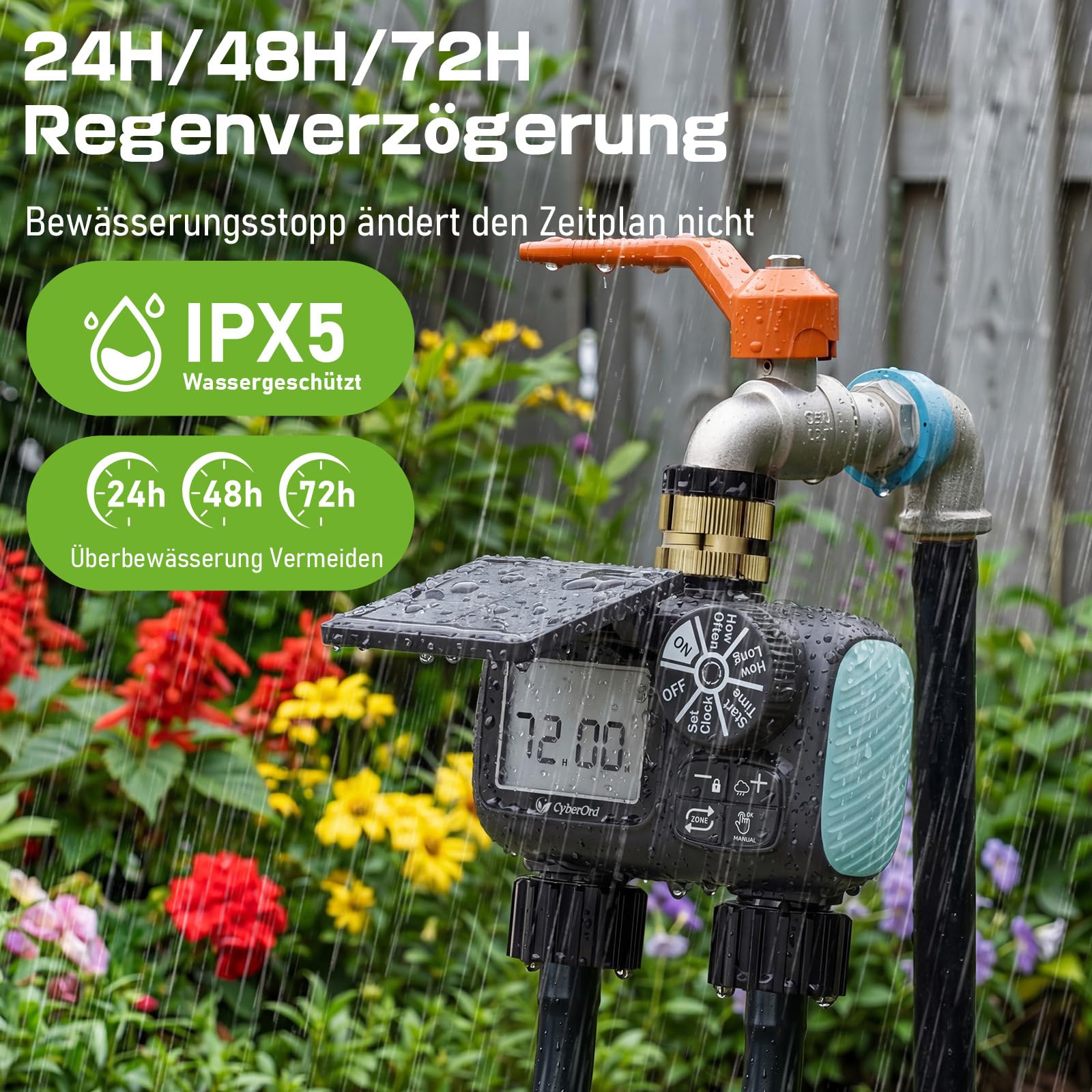2-Zonen Solar Bewässerungscomputer, Automatische Bewässerung Wasser Zeitschaltuhr mit Solaraufladung, Bewässerungssteuerung mit Auto-/Manuell-/Regenverzögerungsmodi für Rasen/Terrasse/Garten