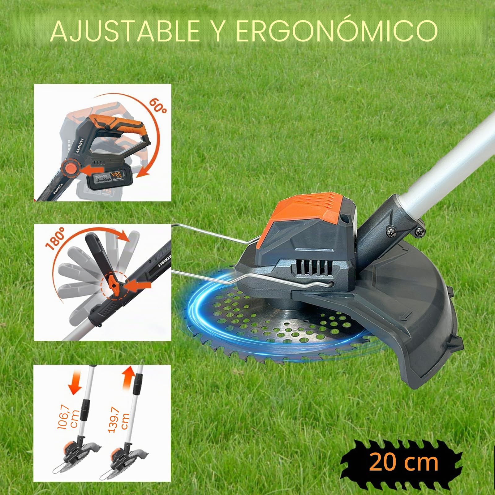 Desbrozadora con batería y cargador, batería con motor de 1300 W, para cuidado de jardín (Grey1)