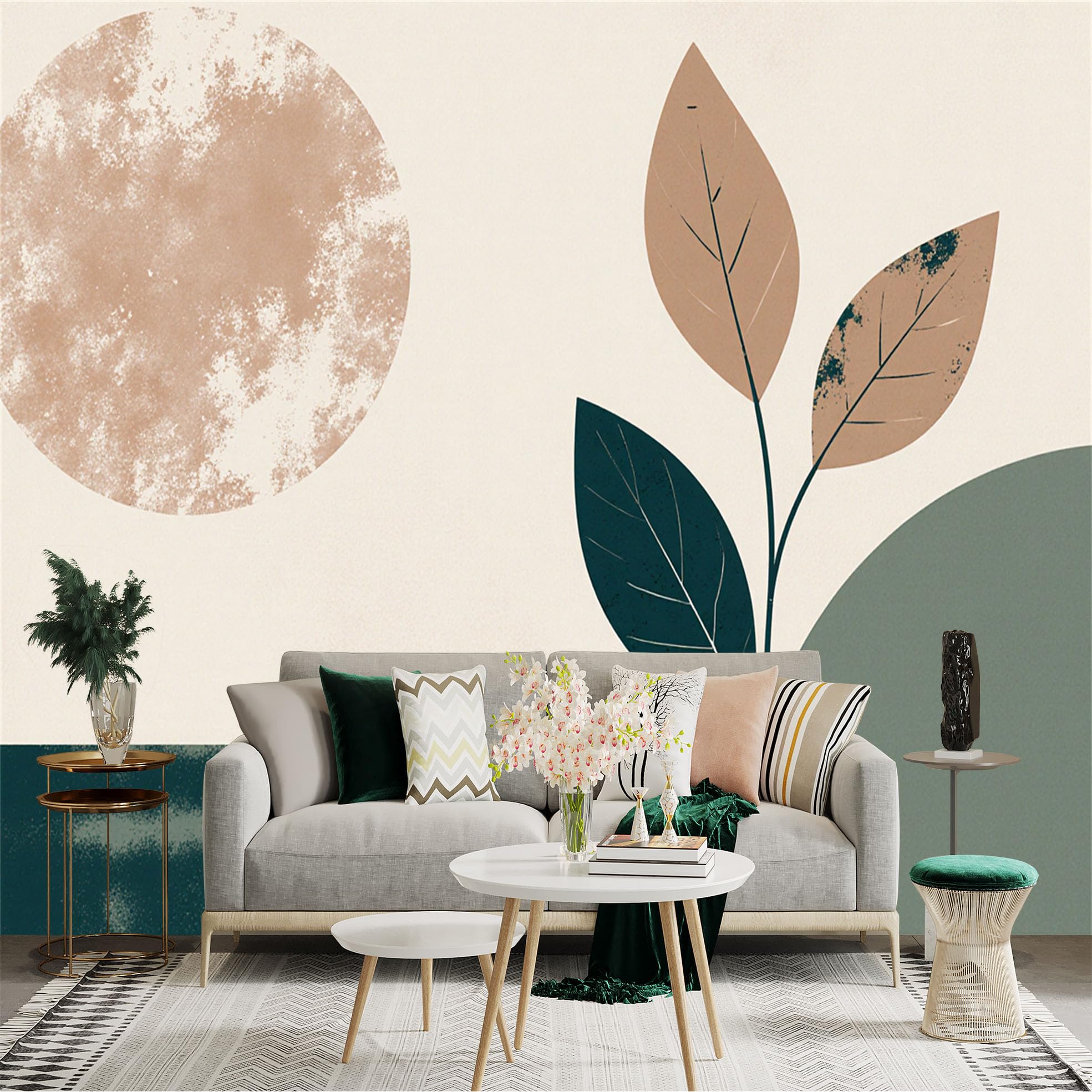 Custom Size Wall Sticker Mural， Abstract Minimalist Art， Beige Sun and Botanical Leaves， Modern Home Decor， for wall Decoration， peelandstick wall Decals.