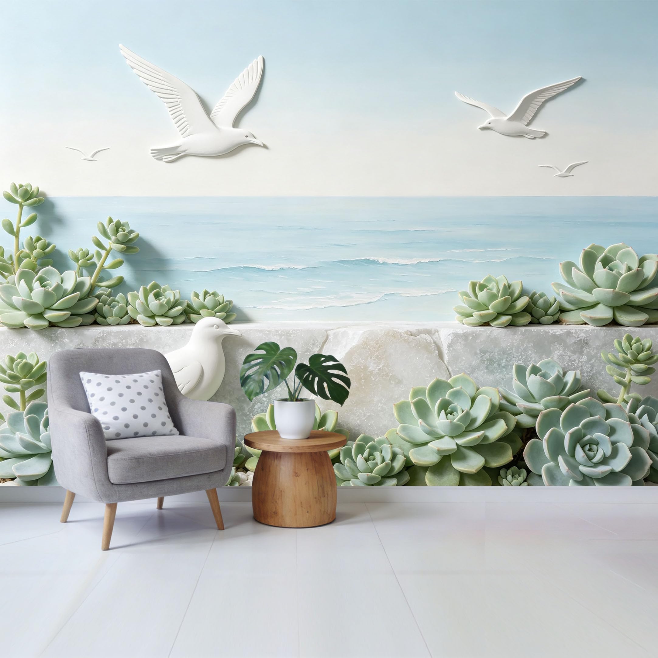 Qzlithotic Yq2605251237 Custom Size Wall Mural Coastal Ocean Seagull Botanical Succulent Relief 3D Textured Selfadhesive Wall Fabric Removable Wallpaper For Home Office Decor