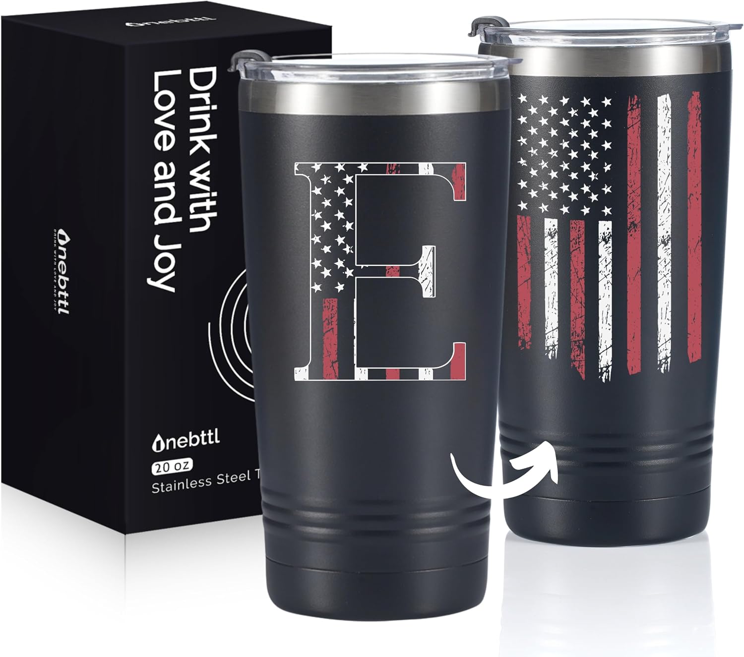 Onebttl Personalized Gifts for Men, Initial Birthday Gifts for Dad, Grandpa, Uncle, Brother, Friends, American Flag Tumbler - 20oz Insulated Stainless Steel Tumbler - E