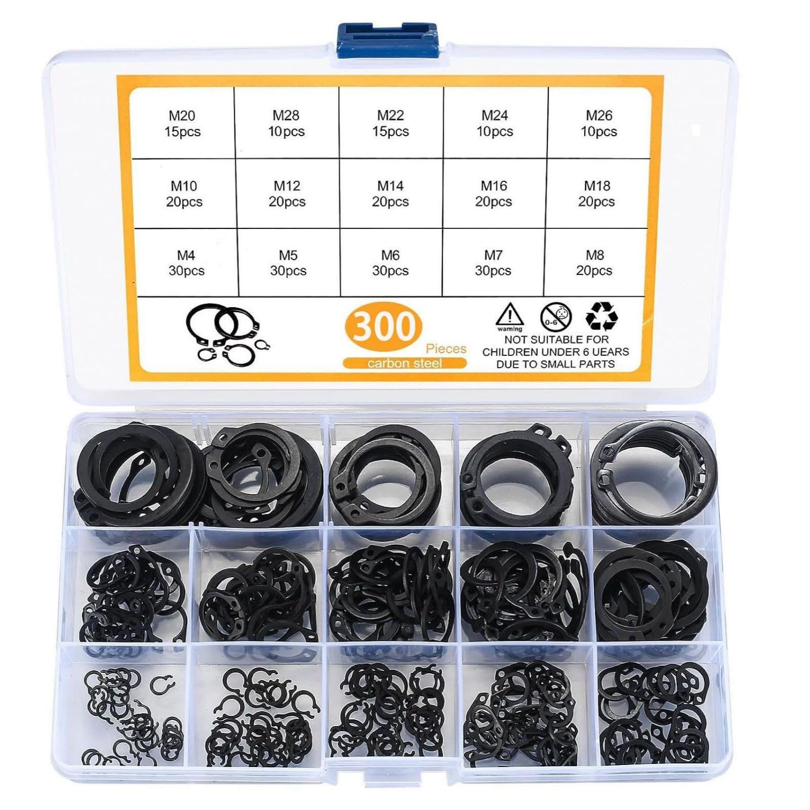 Snap Ring Set,Carbon Steel Snap Ring Assortment, 300pcs A Type C Type, M4-M28 Sizes