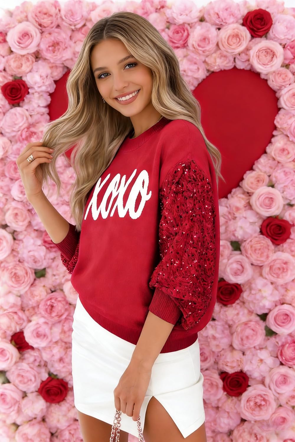Valentines Sequin Sweater Womens Love Heart Valentines Day Outfit Crewneck Long Sleeve Holiday Knit Pullover Top