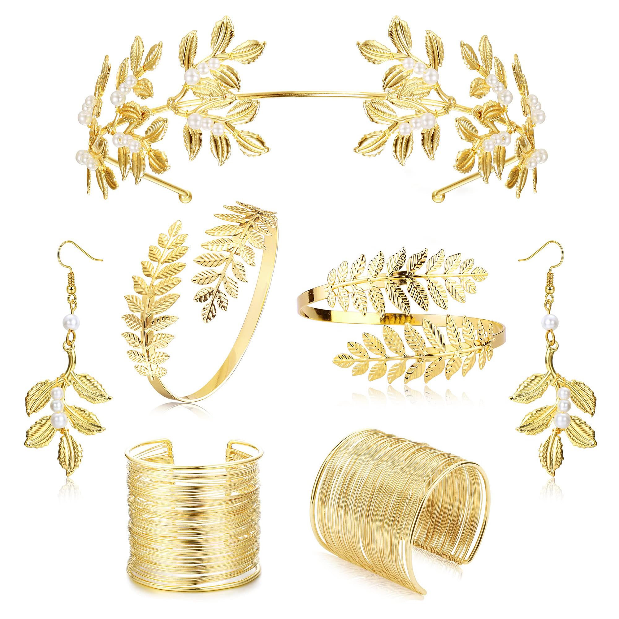 FIOROYAL 7Pz Bisutería de Diosa Griega para Mujer,Romano Laurel Hojas Corona,Pendientes de Perlas Oro,Brazalete Dorado,Boda Novia Toga Partido,Joyería de Halloween