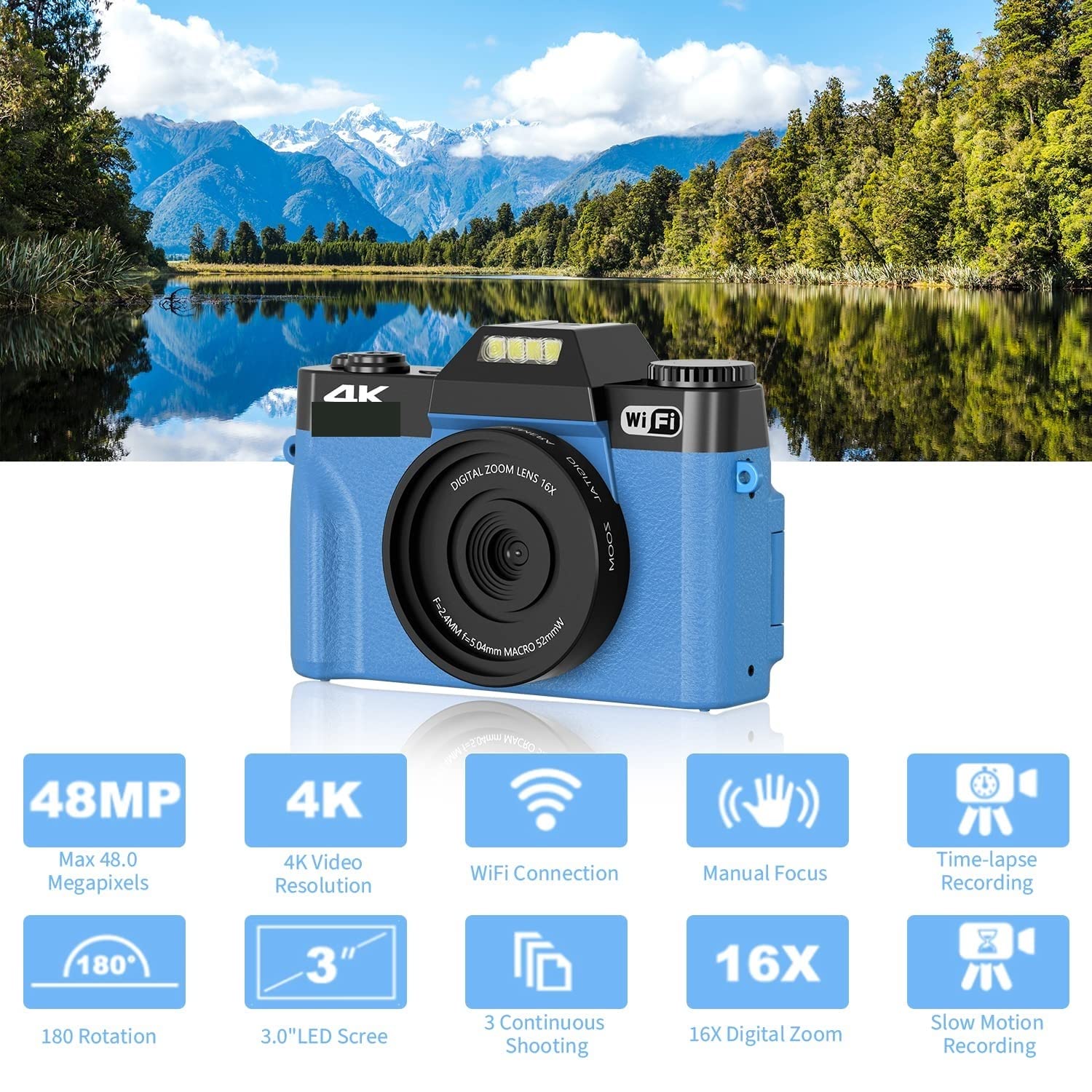 Fotocamera digitale, Fotocamere per la fotografia, Flip Screen 48MP Digital Selfie Camera Wide Angle 4K Vlog Videocamera Zoom 16X Fotocamera for principianti Fotografia Regalo for BAMBINI Portatile pe